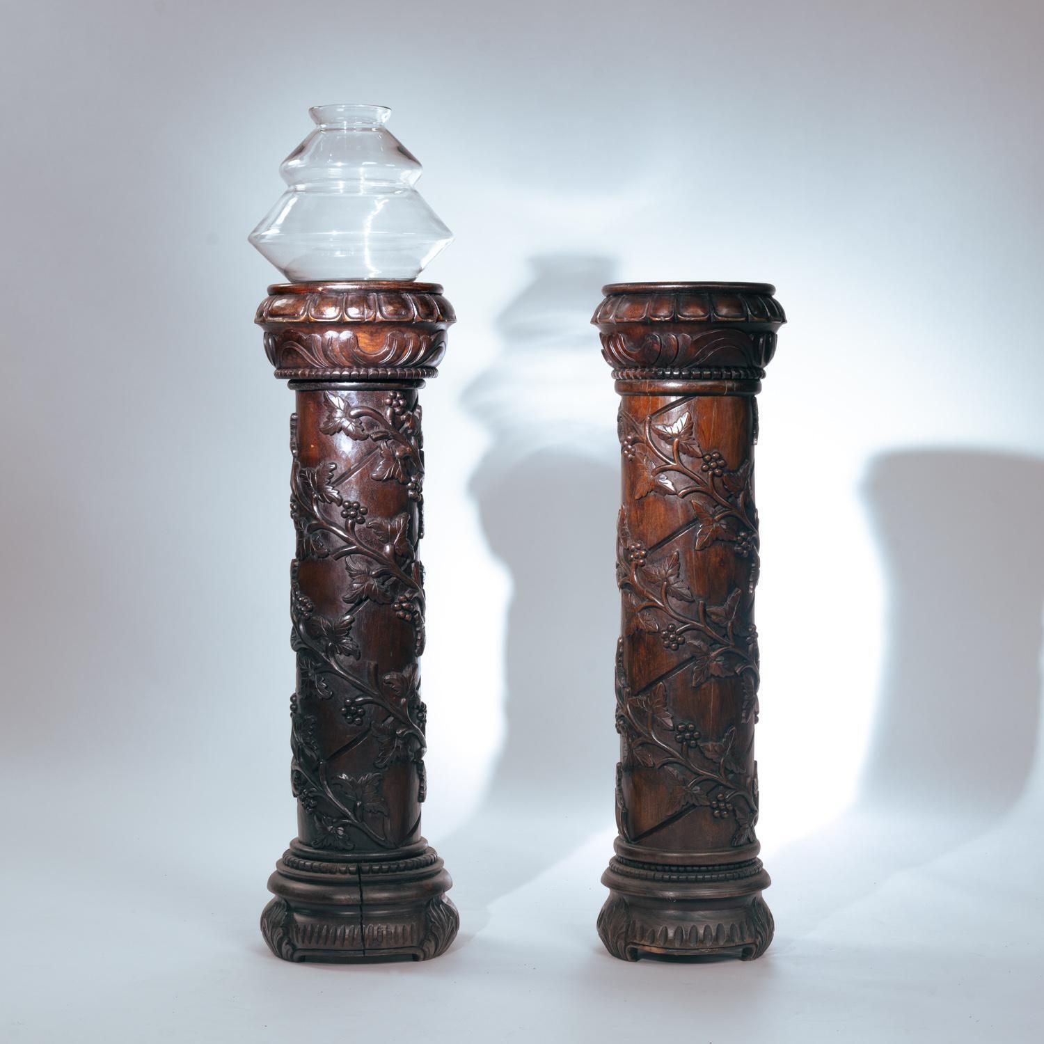 2 Art Nouveau Mahogany Wooden Carved Pedestals Column Vine Motif, France 1920s photo vintage