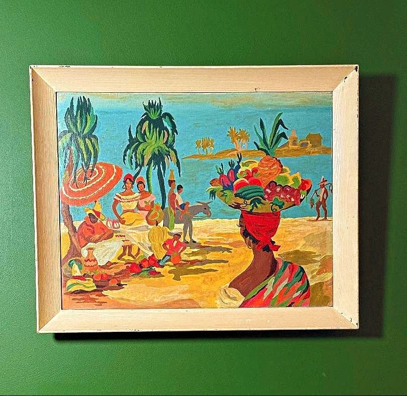 1950s Fauvist Oil Painting, Cuban Fruit Sellers photo furniture