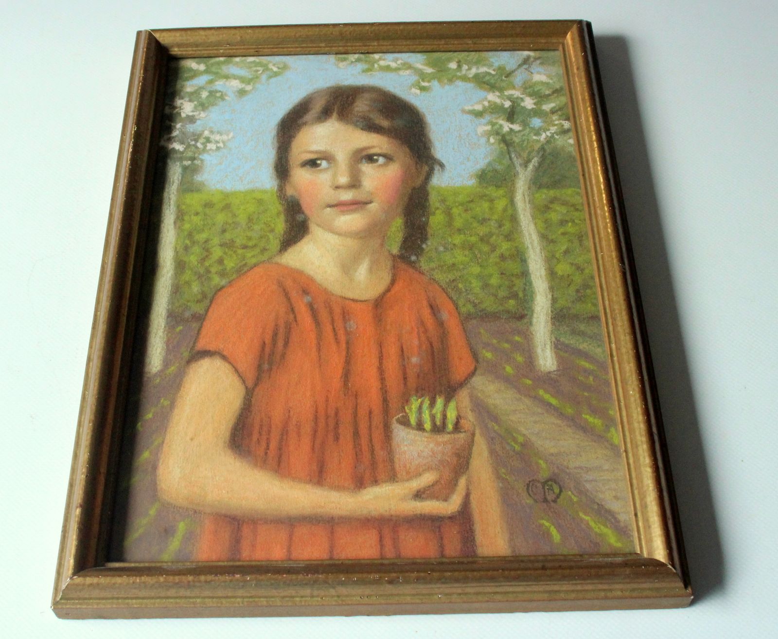 1920s   Antique Pastel Chalk Drawing "Young Girl In The Garden"   Monogramed