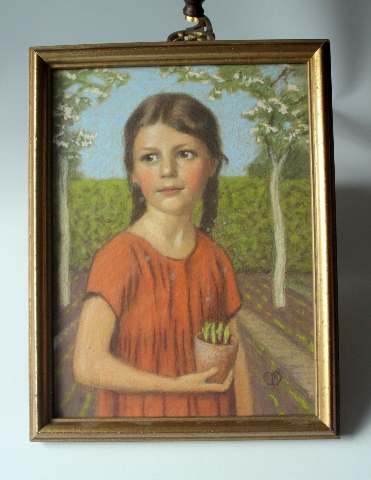 1920s   Antique Pastel Chalk Drawing "Young Girl In The Garden"   Monogramed photo 159.0