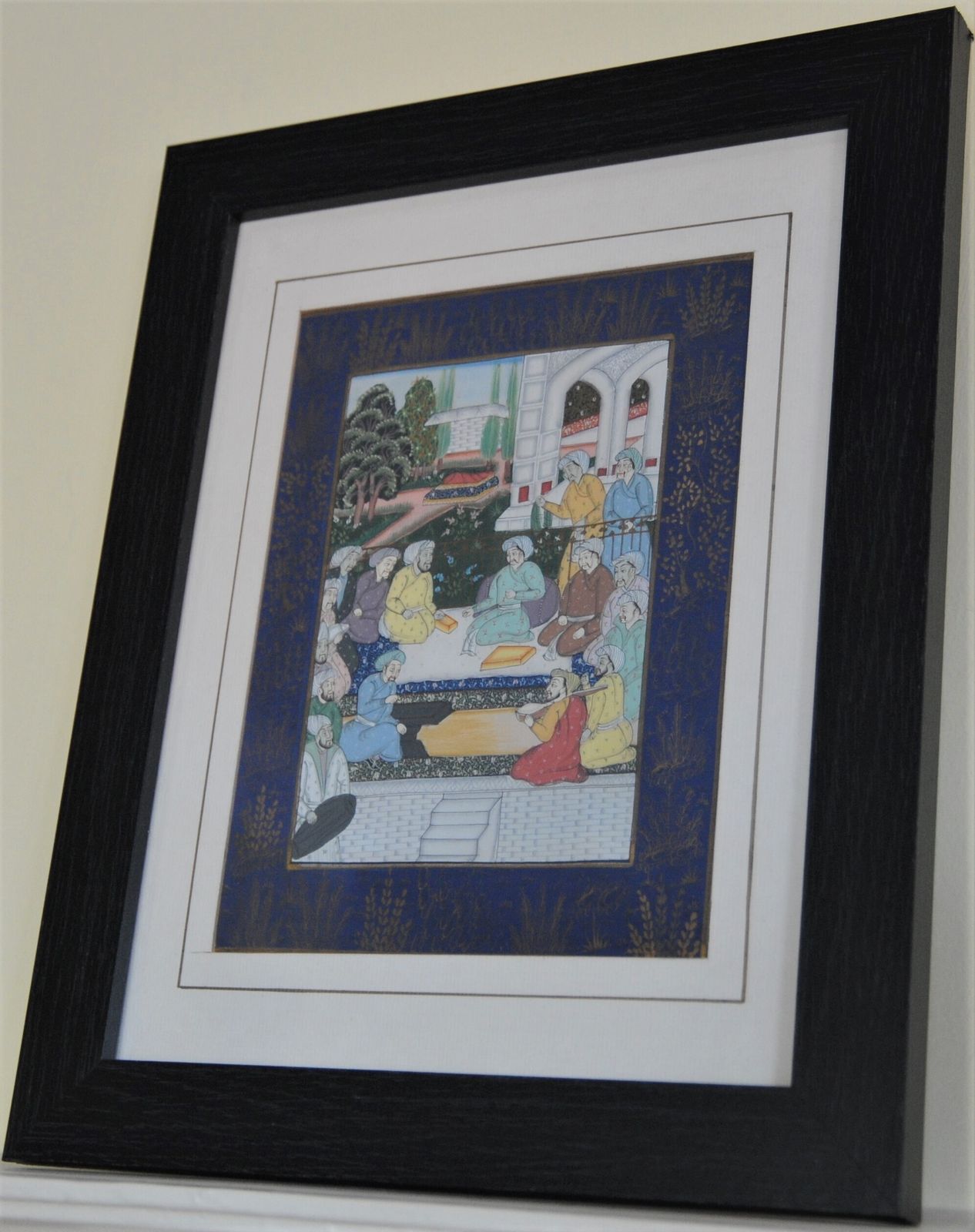 Vintage Framed Islamic Miniature Painting Of Royal Court Scene On Silk photo vinterior