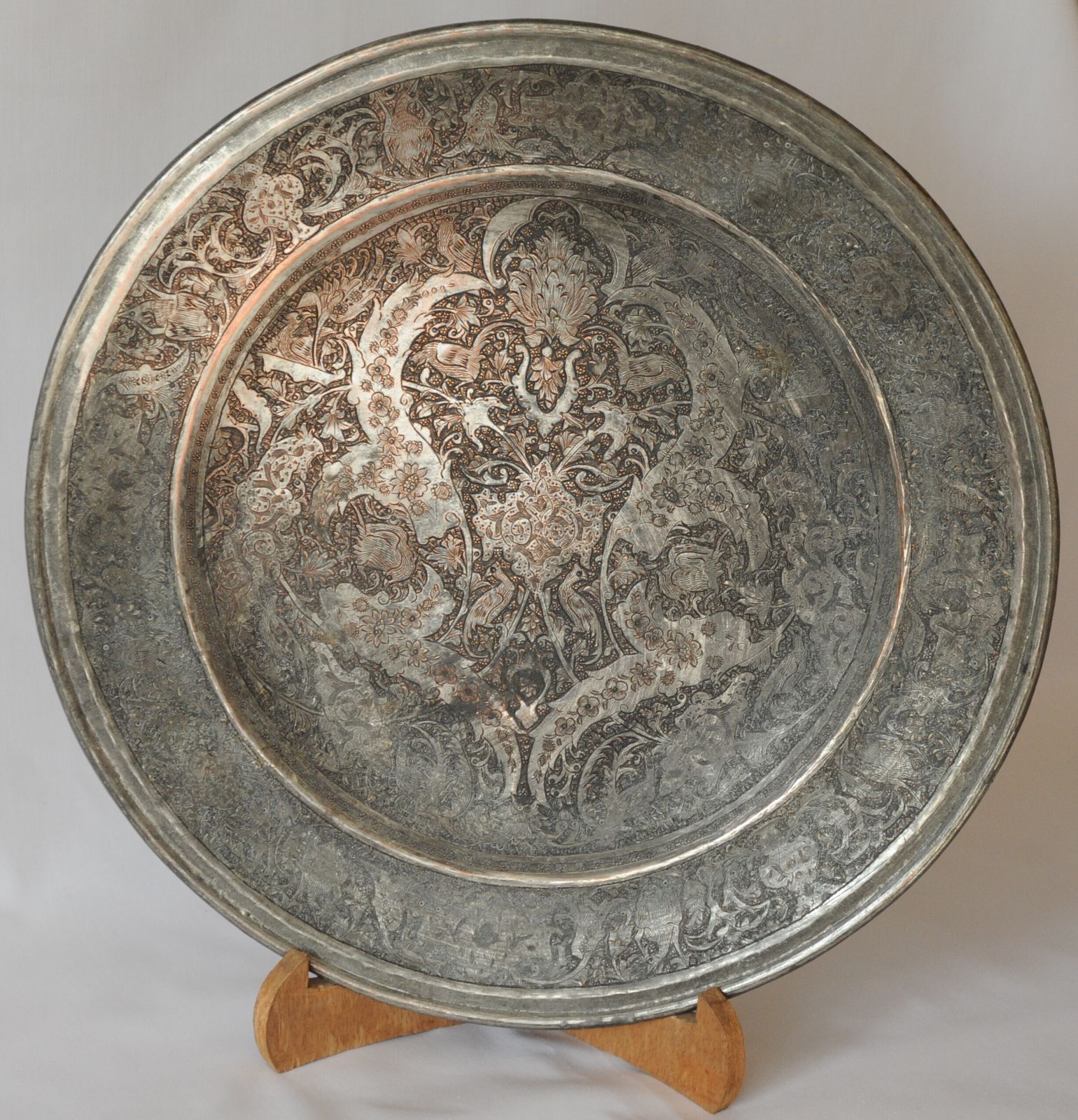 Antique Islamic Ghalamzani Engraved Silver Copper Charger