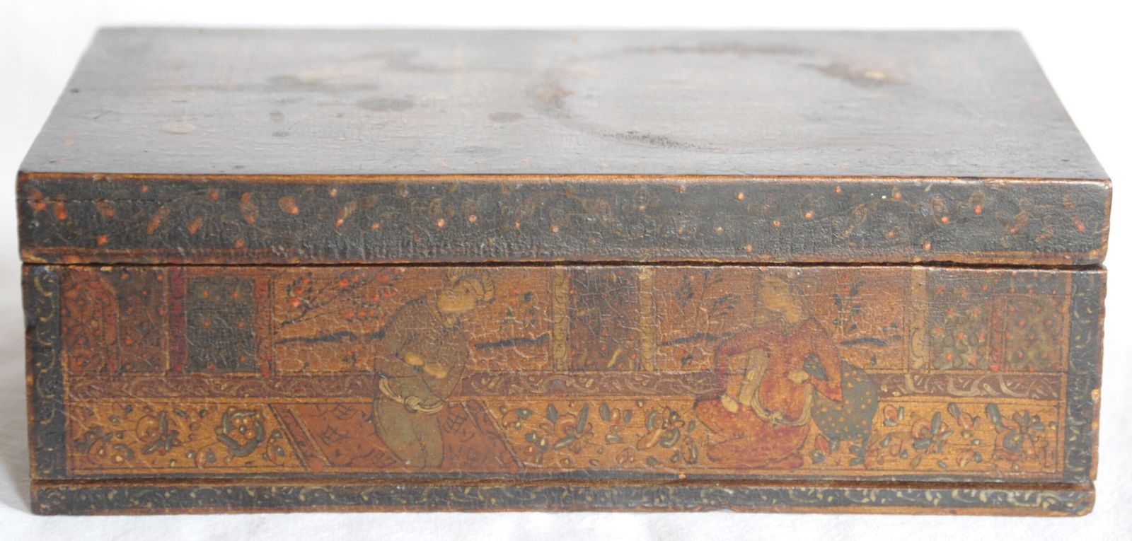 Antique Islamic Qajar Islamic Wooden Jewellery Box With Miniature Paintings photo for sale