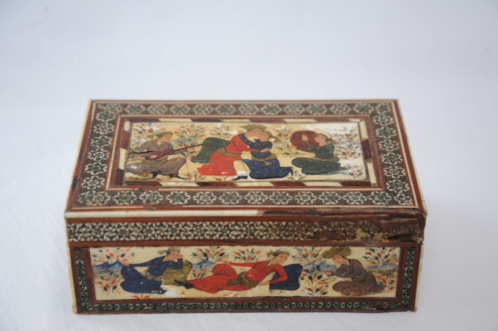 Antique Islamic Wooden Khatam Box With Safavid Style Miniature Paintings photo vintage