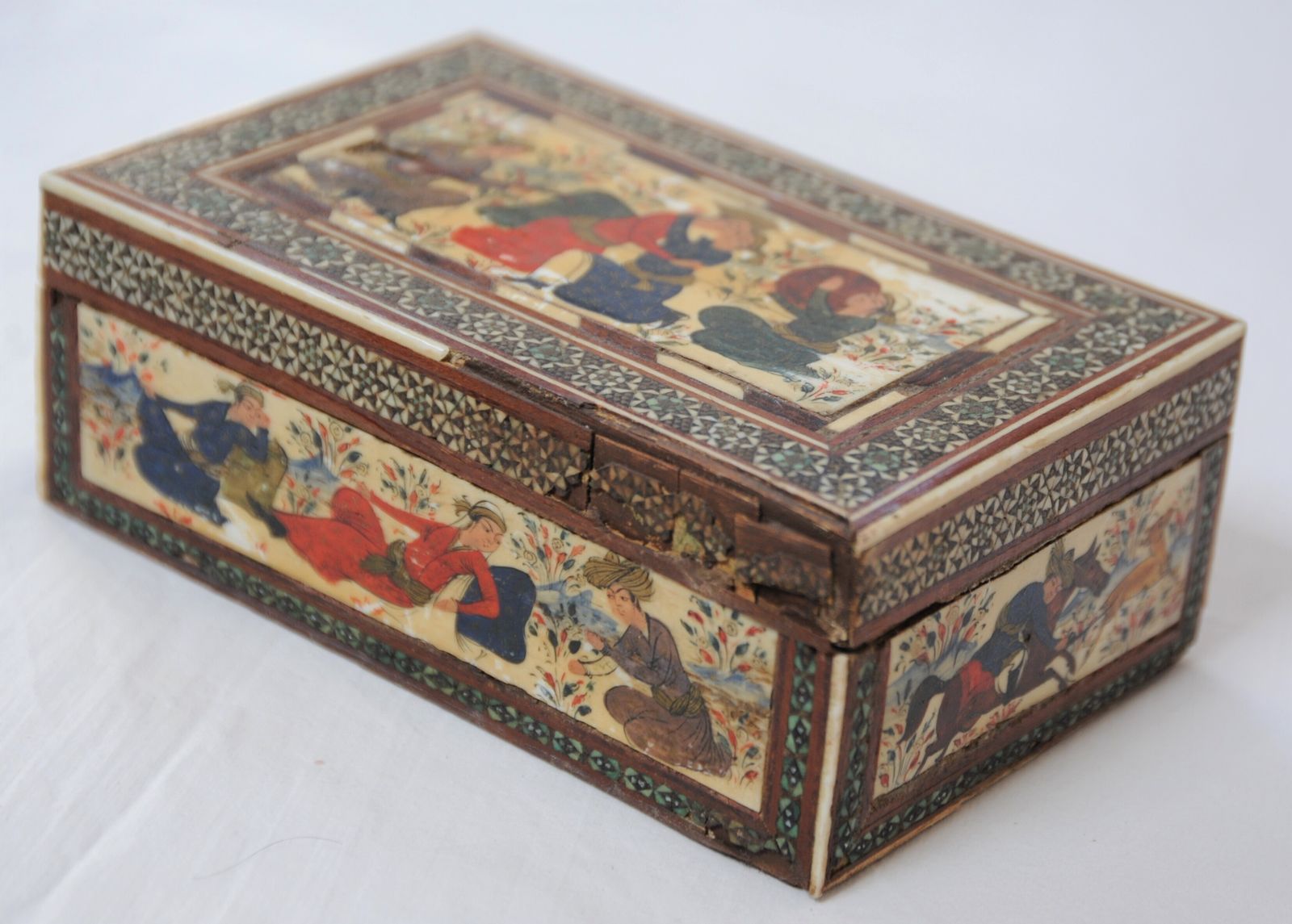 photo for sale Antique Islamic Wooden Khatam Box With Safavid Style Miniature Paintings