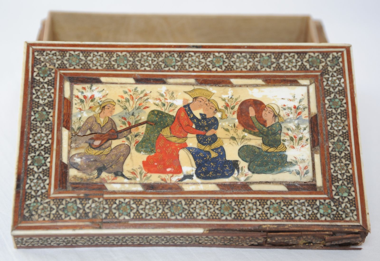 400.0 Antique Islamic Wooden Khatam Box With Safavid Style Miniature Paintings photo