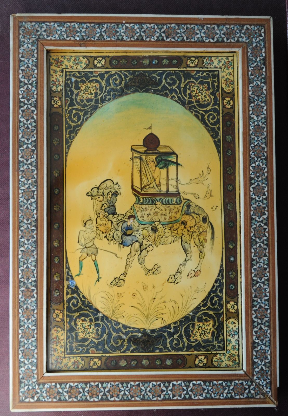 Vintage Islamic Composite Painting By Ahmad Omoumi In Khatam Frame photo furniture