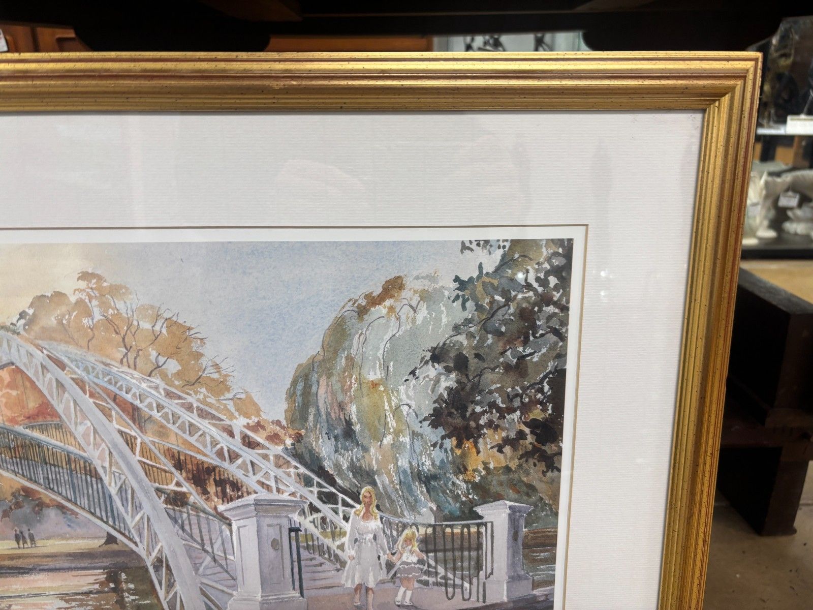 Framed Watercolour Print Of The Suspension Bridge, Bedford By Thelma Marks 1994 photo for sale