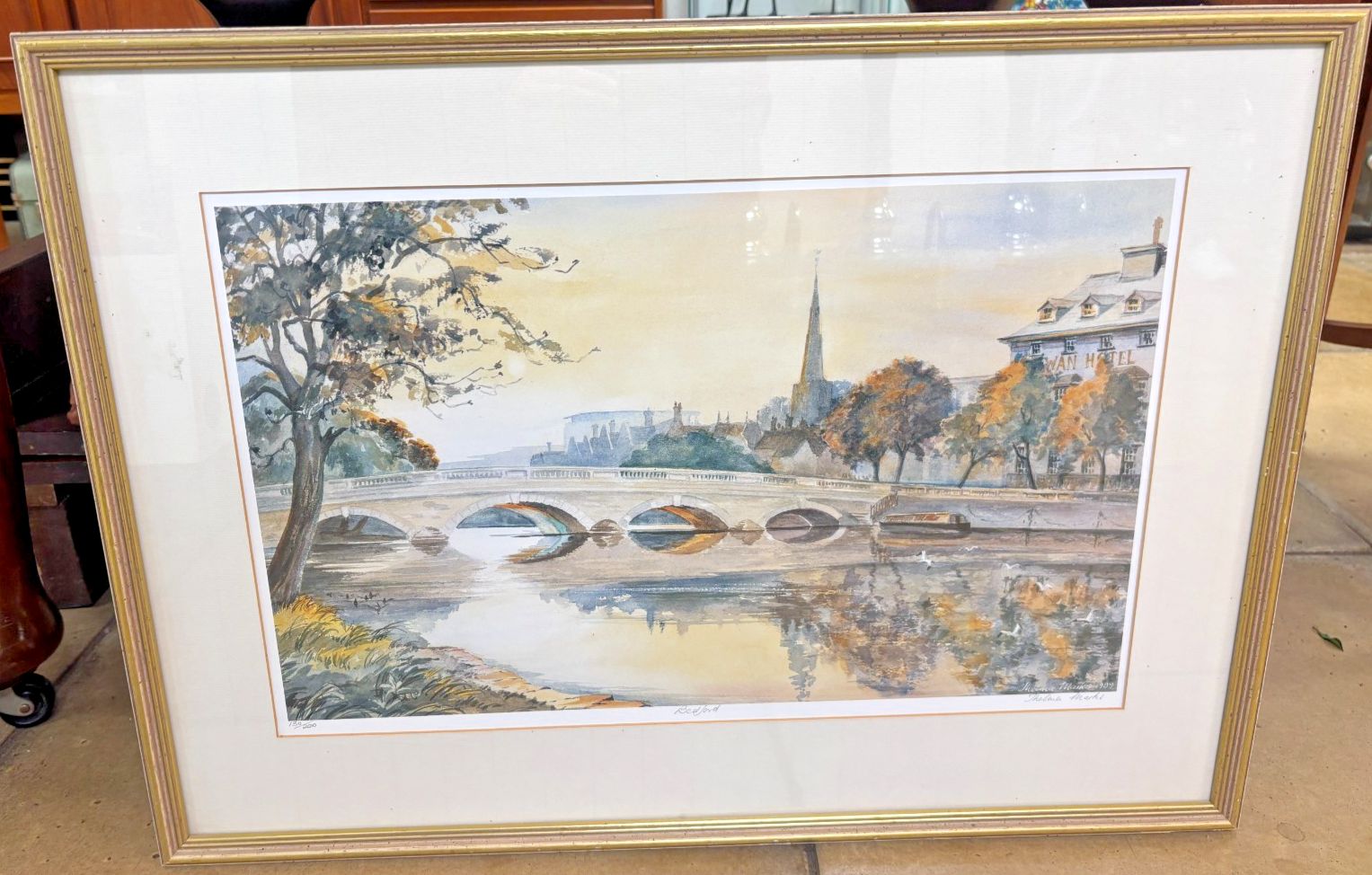 Bedford Bridge/ Swan Hotel Watercolour Print By Thelma Marks 1989 Framed
