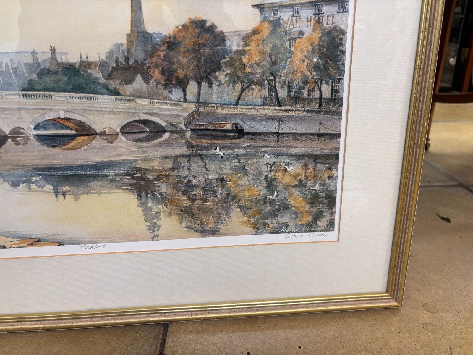 Bedford Bridge/ Swan Hotel Watercolour Print By Thelma Marks 1989 Framed photo 50.0