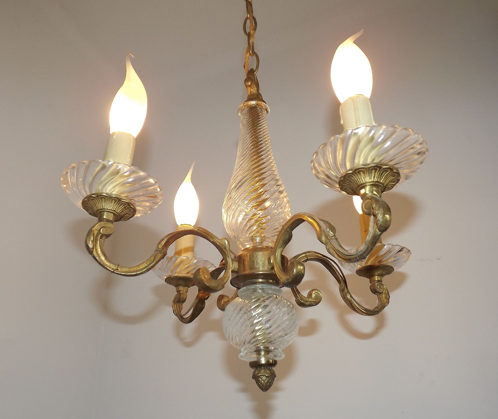 French Mid Century Bronze & Cut Glass 4 Light Chandelier With Fleur De Lys Detail photo Lighting