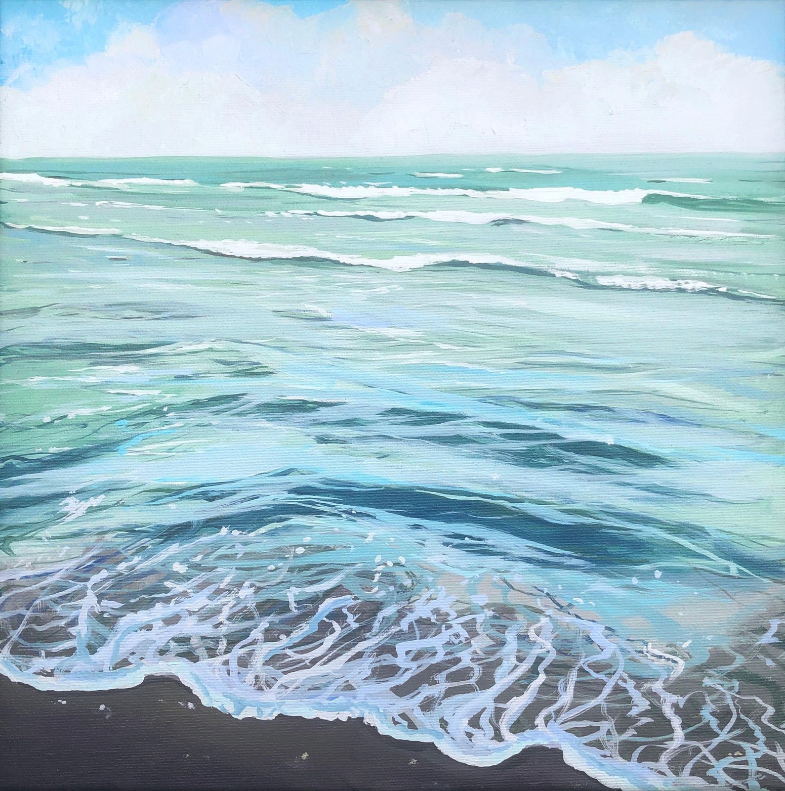 Alberto Biesok Turquoise Mediterranean Waves Seascape Oil Painting Coastal Contemporary Square Canvas 2019