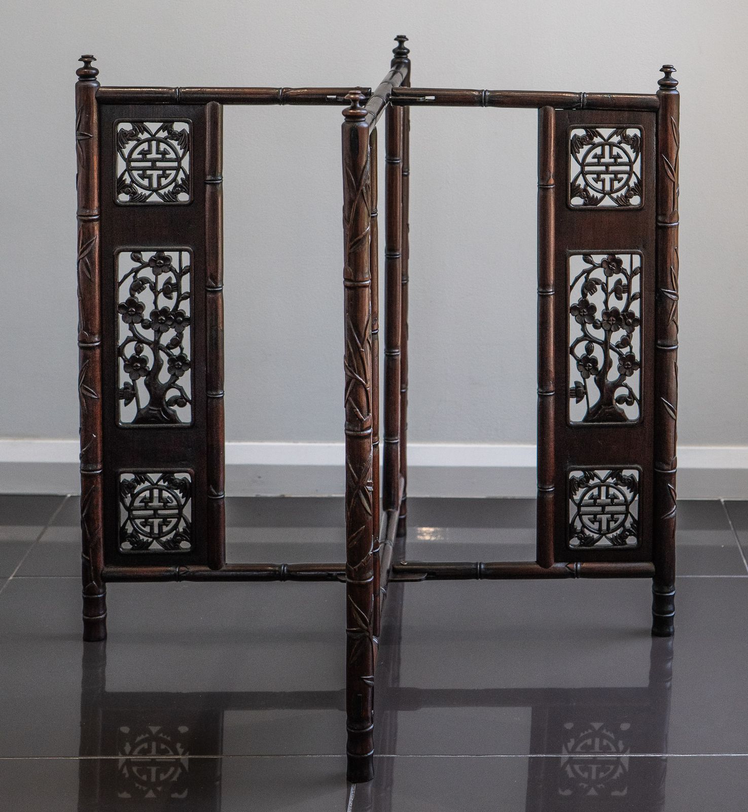 Antique Chinese Carved Hardwood Folding Table With Two Circular Lift Out Trays. photo Furniture