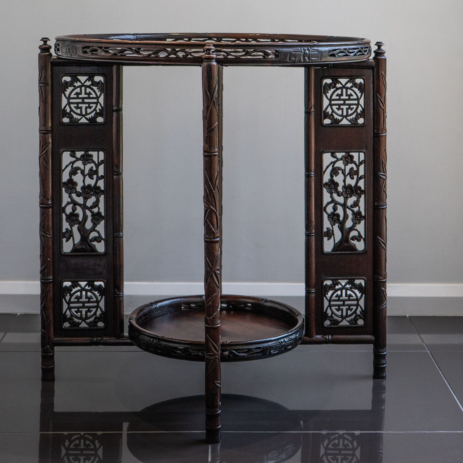 Antique Chinese Carved Hardwood Folding Table With Two Circular Lift Out Trays. photo buy