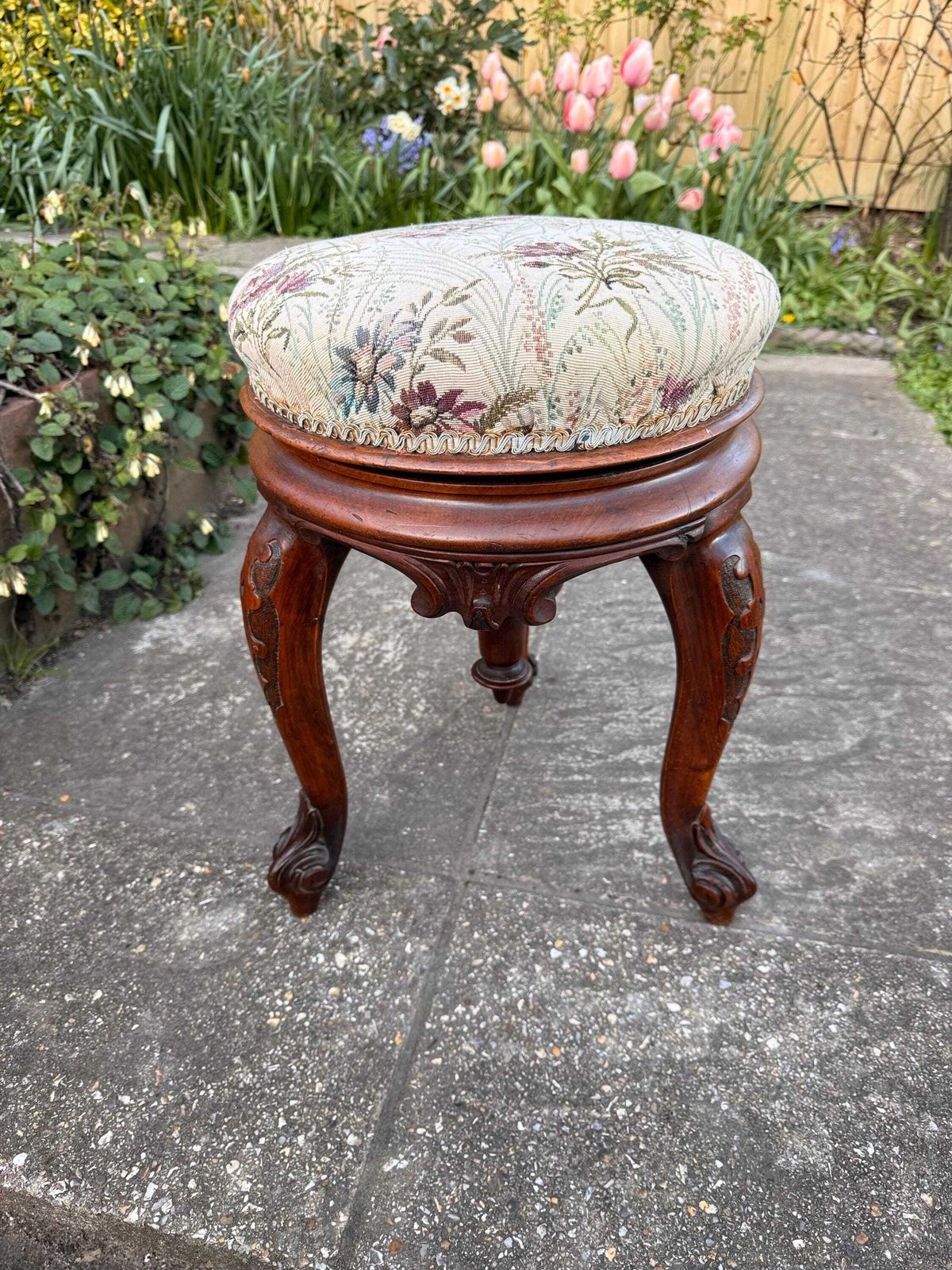 Furniture Early 20th Century Adjustable Piano Stool – Victorian Revival Carved Walnut Seat, C.1920–30 photo