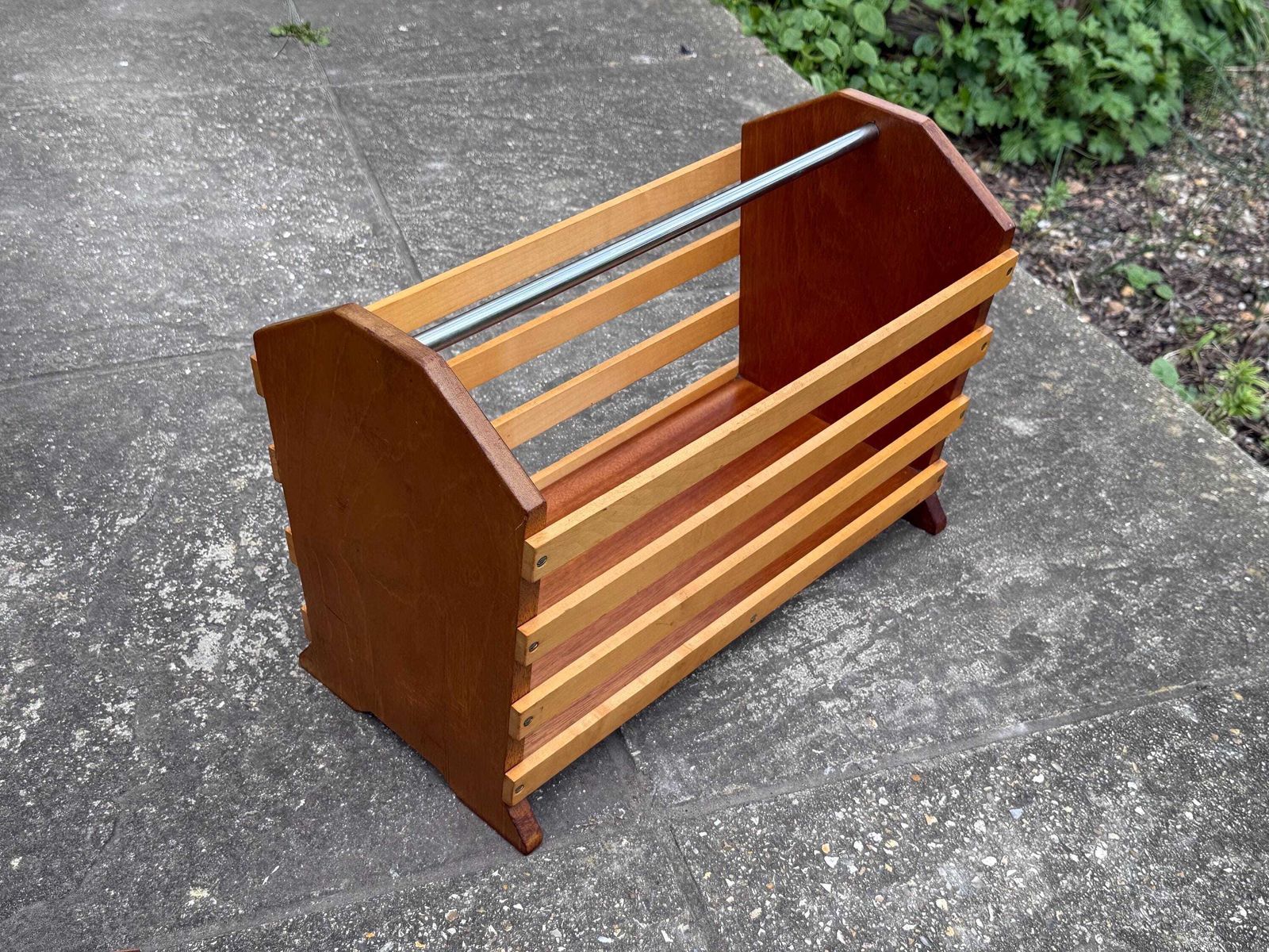 Vintage Slatted Magazine Rack, Mid Century Modern Wood Holder, Mcm Handle Decor photo Home Decor