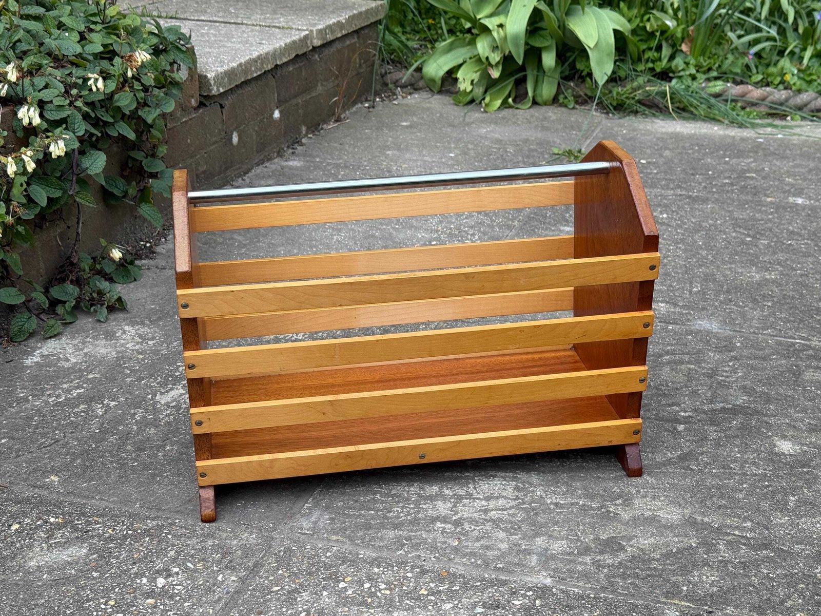 Vintage Slatted Magazine Rack, Mid Century Modern Wood Holder, Mcm Handle Decor photo vinterior