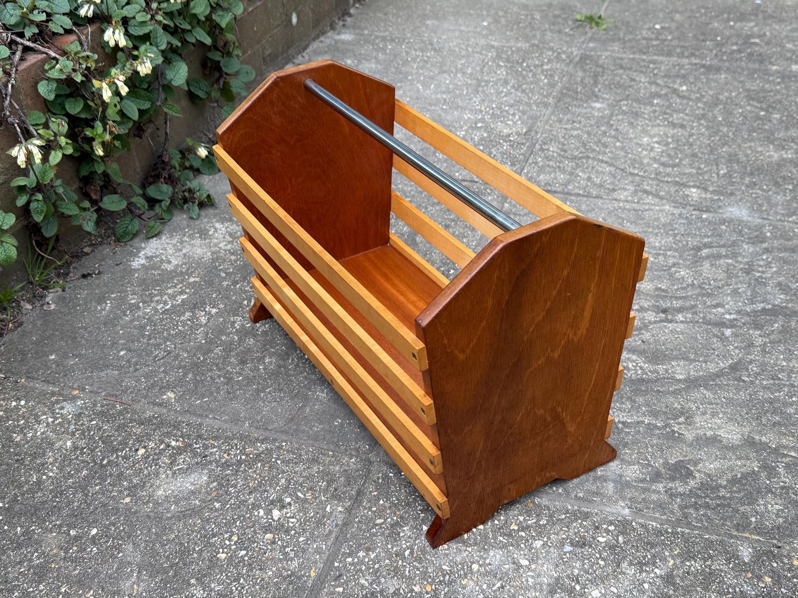 Home Decor Vintage Slatted Magazine Rack, Mid Century Modern Wood Holder, Mcm Handle Decor photo