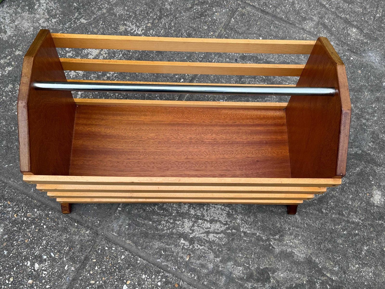 photo buy Vintage Slatted Magazine Rack, Mid Century Modern Wood Holder, Mcm Handle Decor