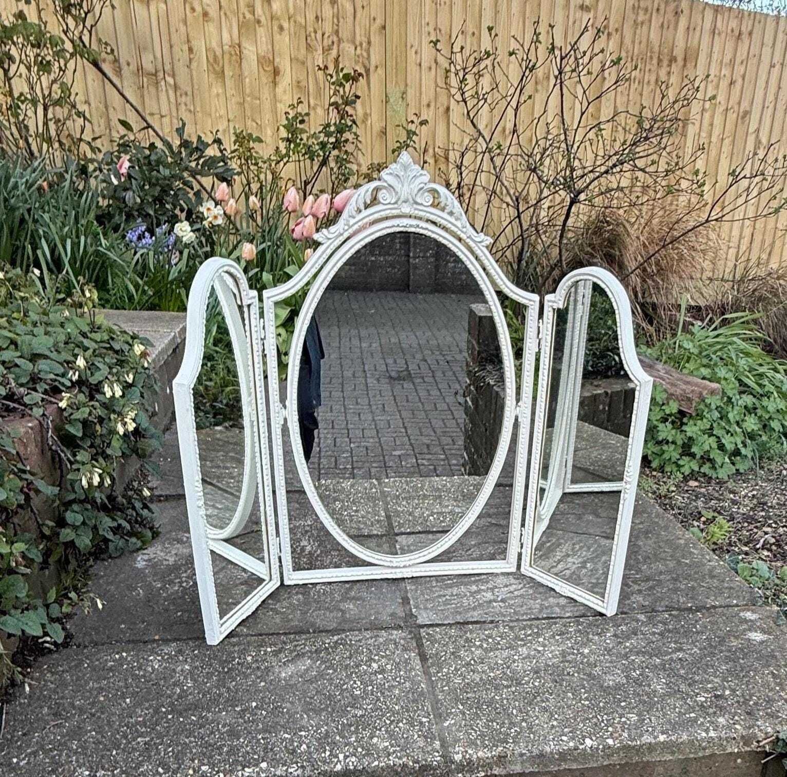 Vintage French Style Tri Fold Dressing Table Mirror – Ornate Rococo Vanity Mirror In Cream Finish