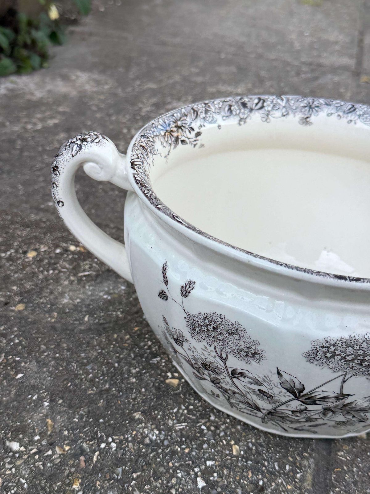 78.0 Vintage English Chamber Pot / Planter – K And Co Meadow Sweet Transferware – Black & White Floral Ceramic Jardinière photo