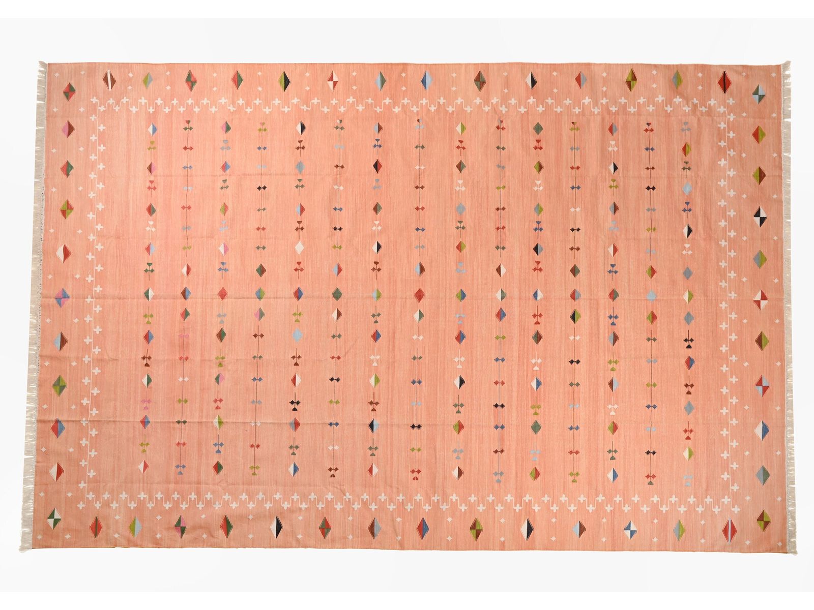 Blush Pink Indian Dhurrie Rug: 9x12 Modern Flatweave Cotton Wool Kilim.