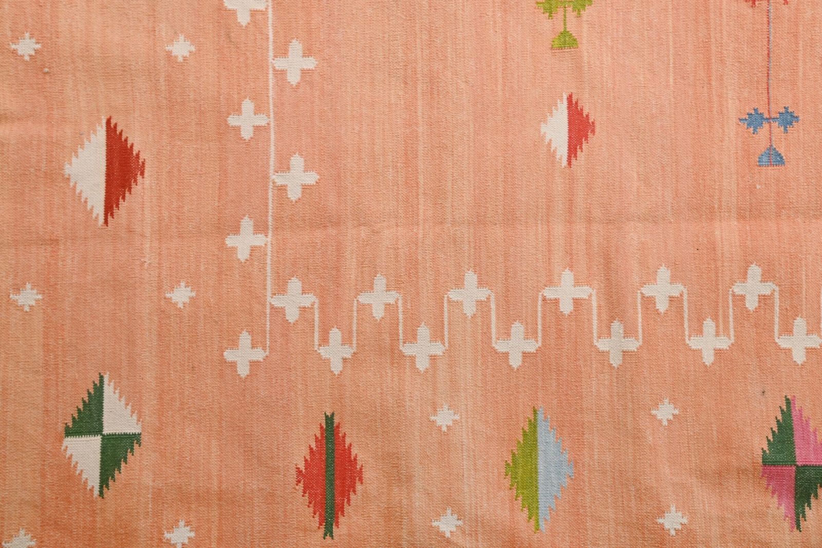 Blush Pink Indian Dhurrie Rug: 9x12 Modern Flatweave Cotton Wool Kilim. photo furniture