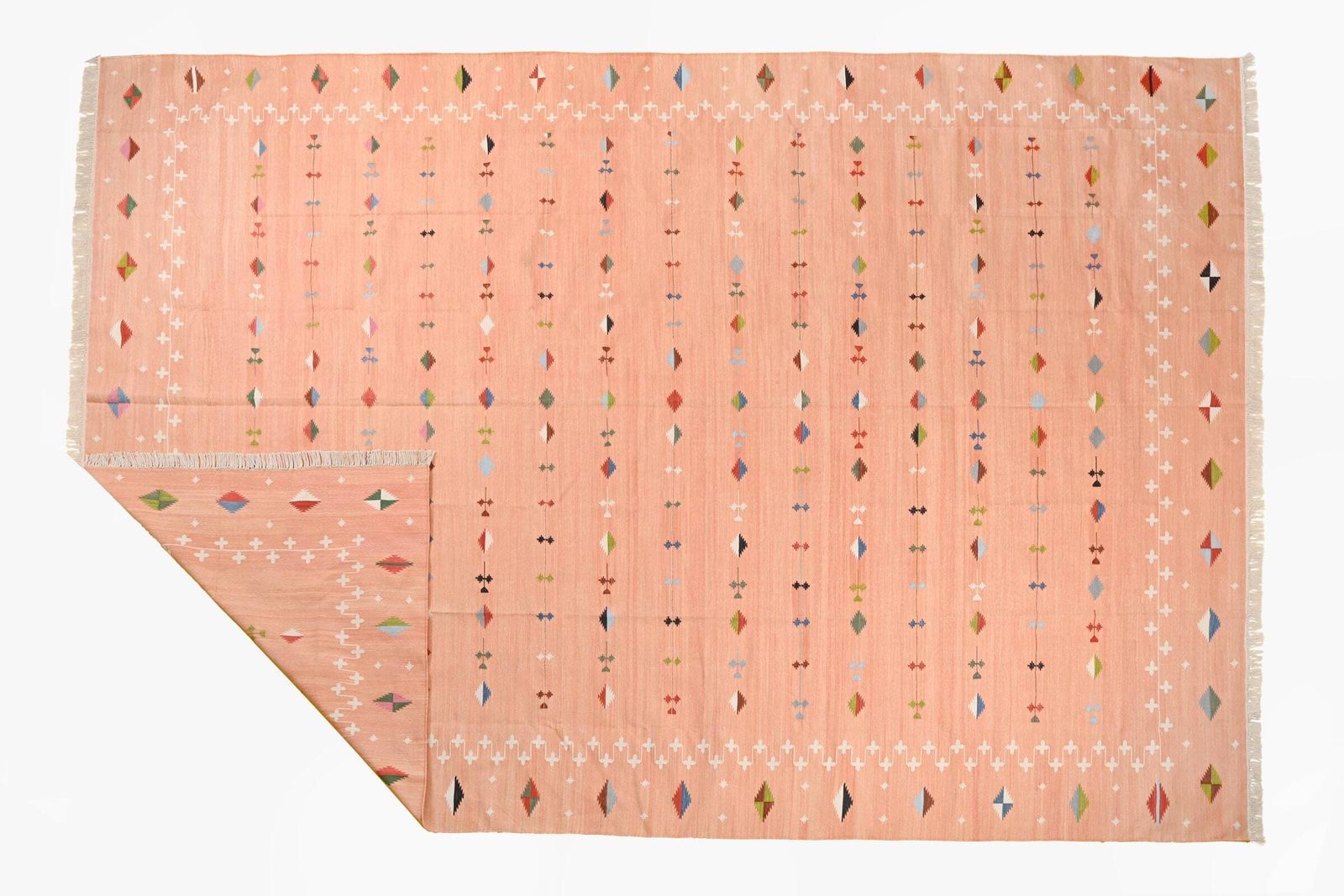 Blush Pink Indian Dhurrie Rug: 9x12 Modern Flatweave Cotton Wool Kilim. photo vinterior
