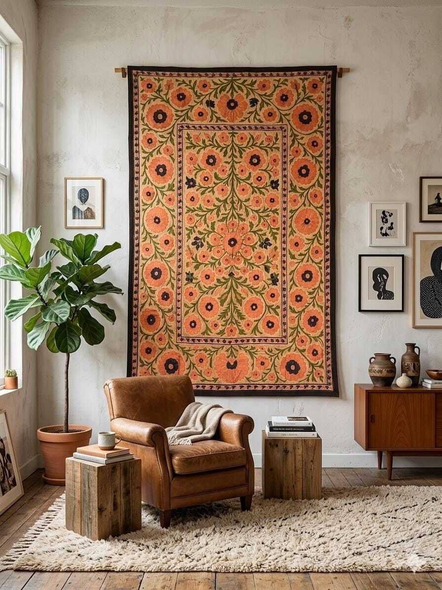 Vintage Suzani Embroidery Wall Hanging: Muted Floral Silk Textile Art Bedding Throw. photo furniture