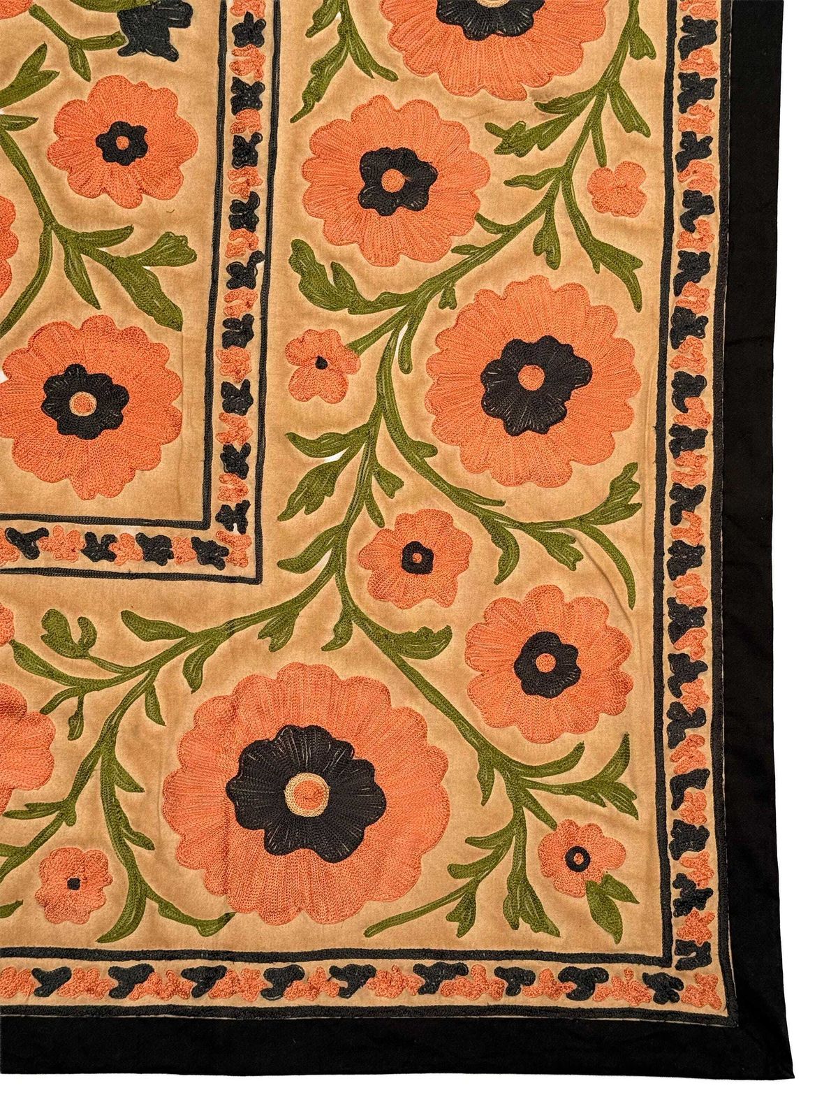 Vintage Suzani Embroidery Wall Hanging: Muted Floral Silk Textile Art Bedding Throw. photo vinterior