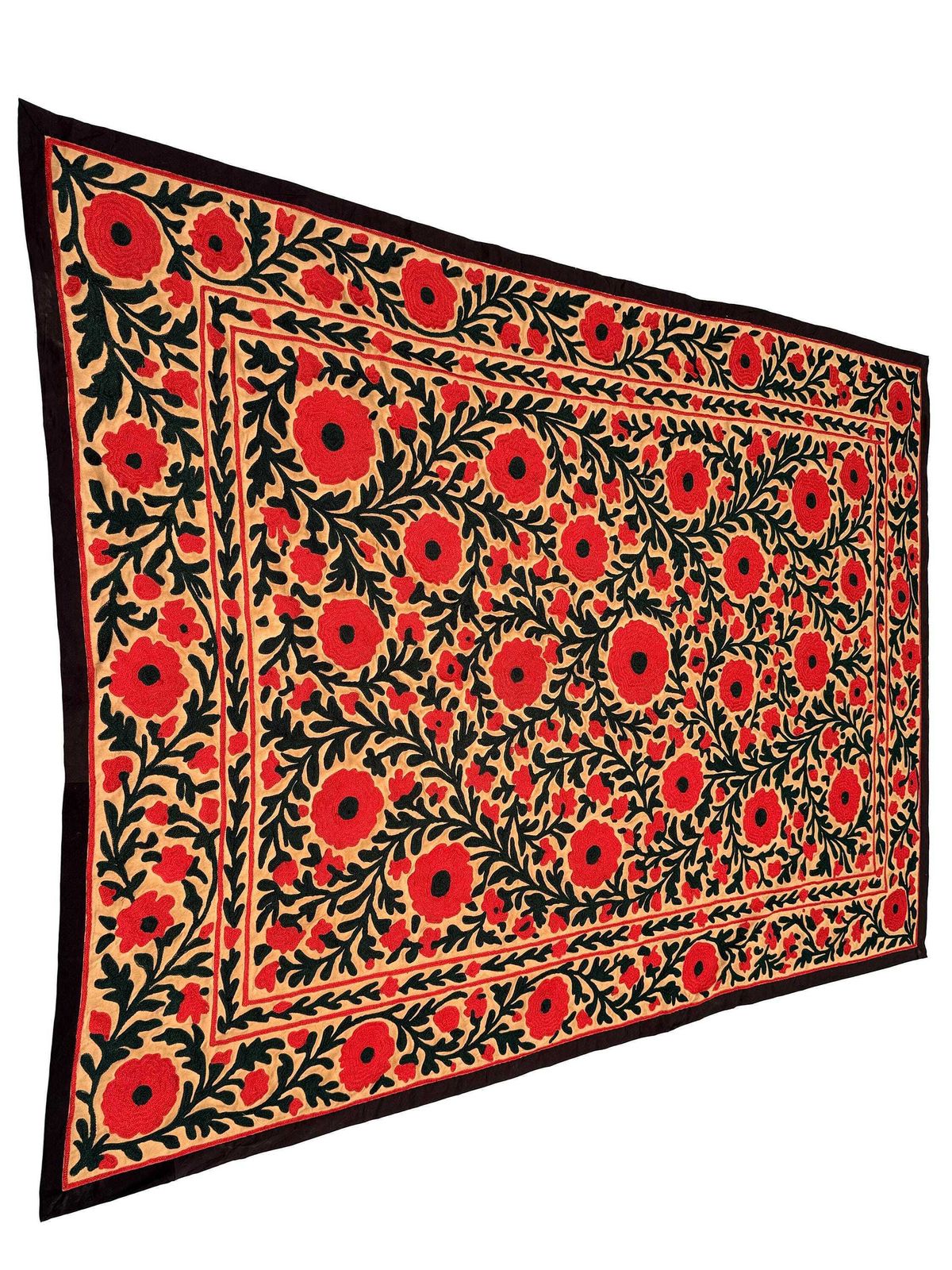 Vintage Suzani Silk Floral Bedcover: Hand Embroidered Textile Wall Hanging. photo vinterior