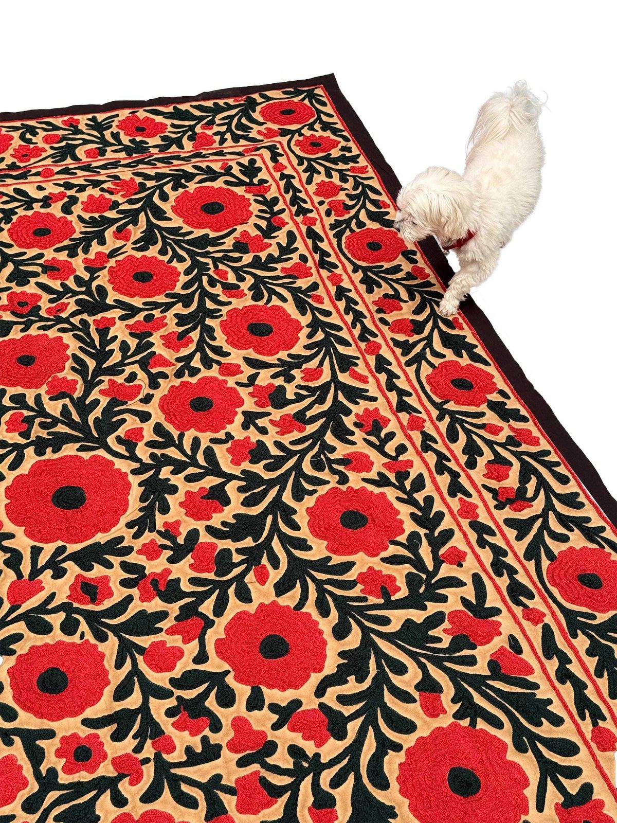 photo furniture Vintage Suzani Silk Floral Bedcover: Hand Embroidered Textile Wall Hanging.