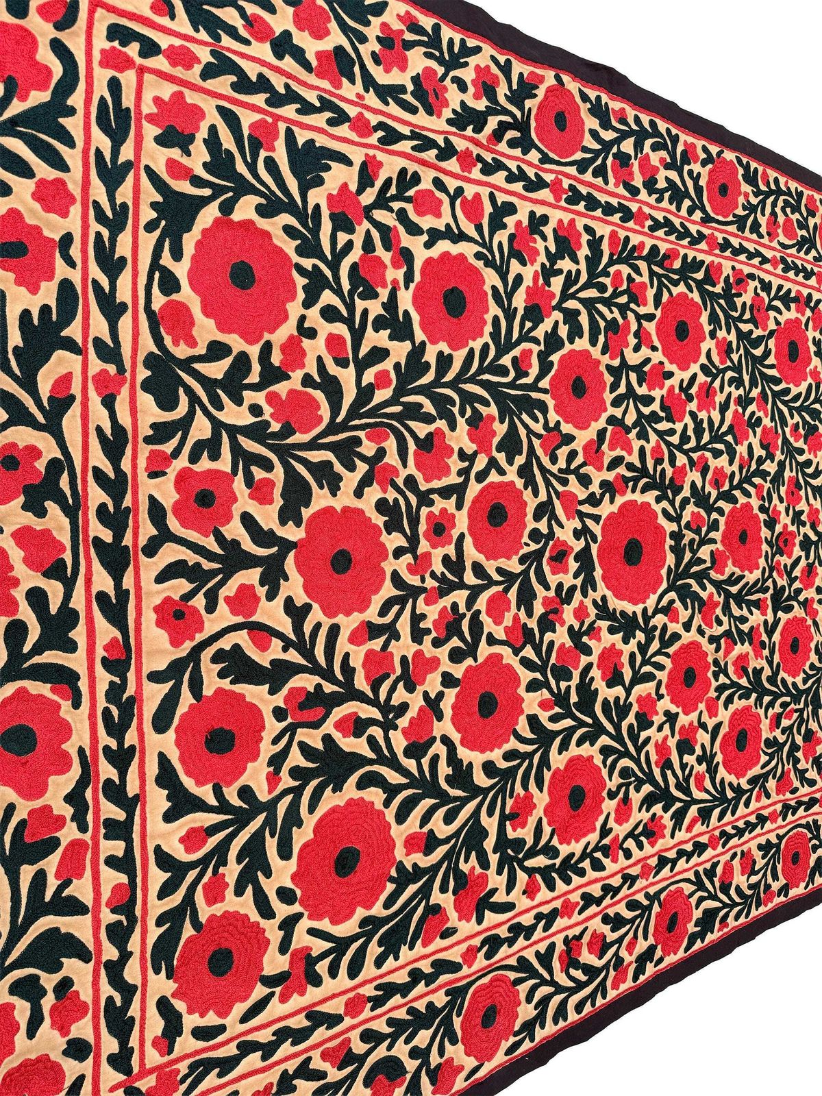photo buy Vintage Suzani Silk Floral Bedcover: Hand Embroidered Textile Wall Hanging.