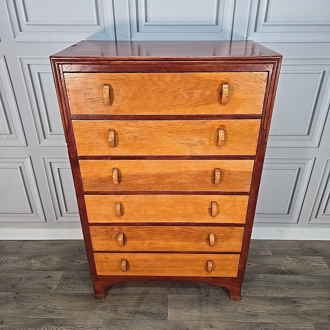 Vintage Chest Of Drawers Tall Two Tone Oak Mid Century Style Commode Retro photo buy