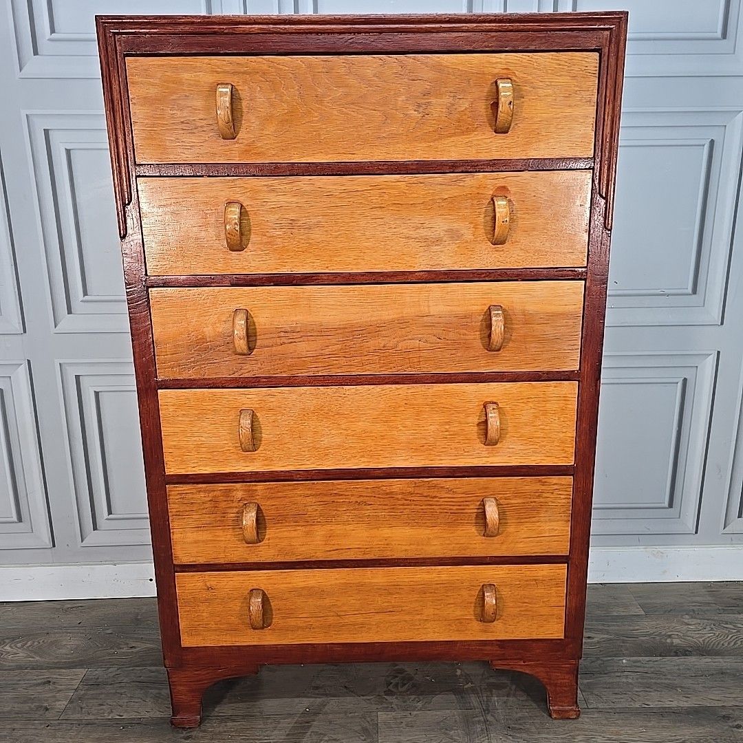 Vintage Chest Of Drawers Tall Two Tone Oak Mid Century Style Commode Retro photo vintage