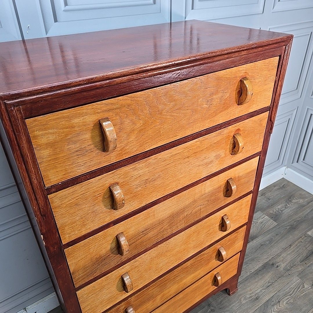 Furniture Vintage Chest Of Drawers Tall Two Tone Oak Mid Century Style Commode Retro photo