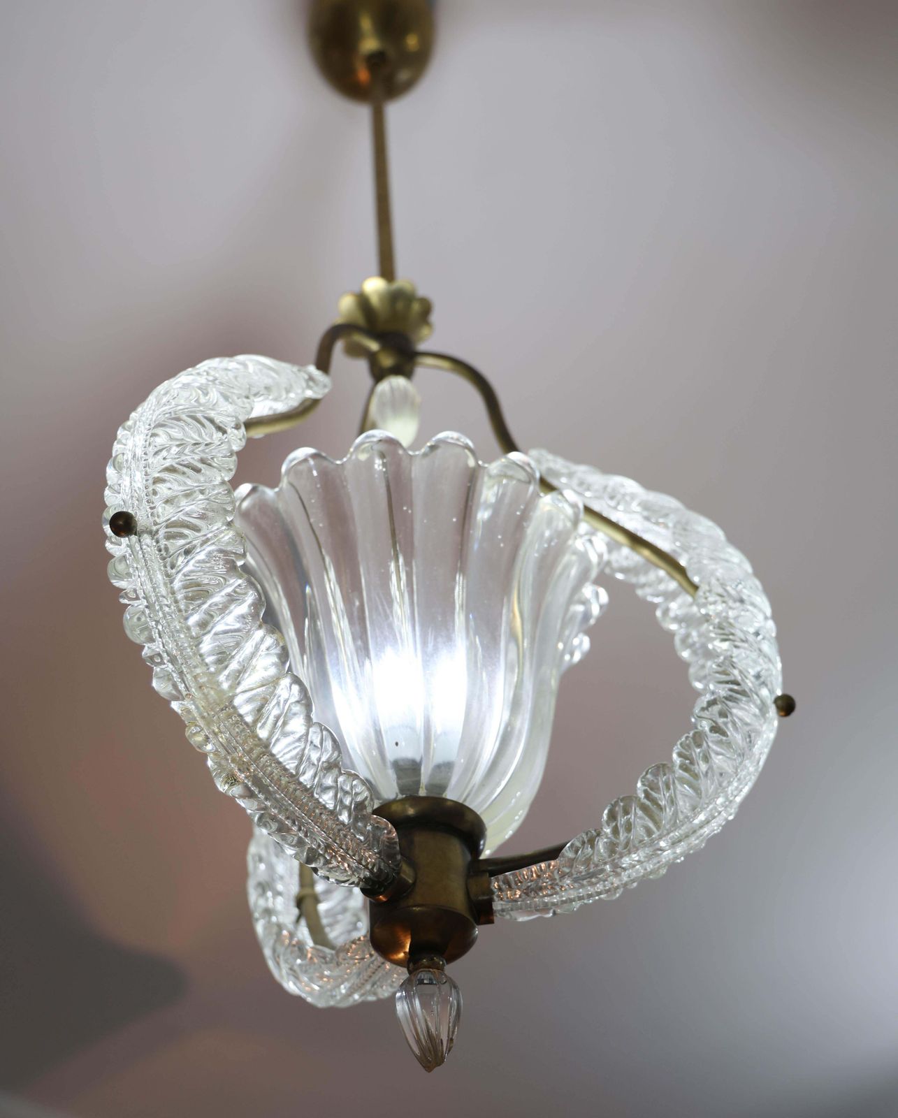 Ercole Barovier, Art Decò Vintage Pendant Murano Glass And Brass, 1940s photo for sale