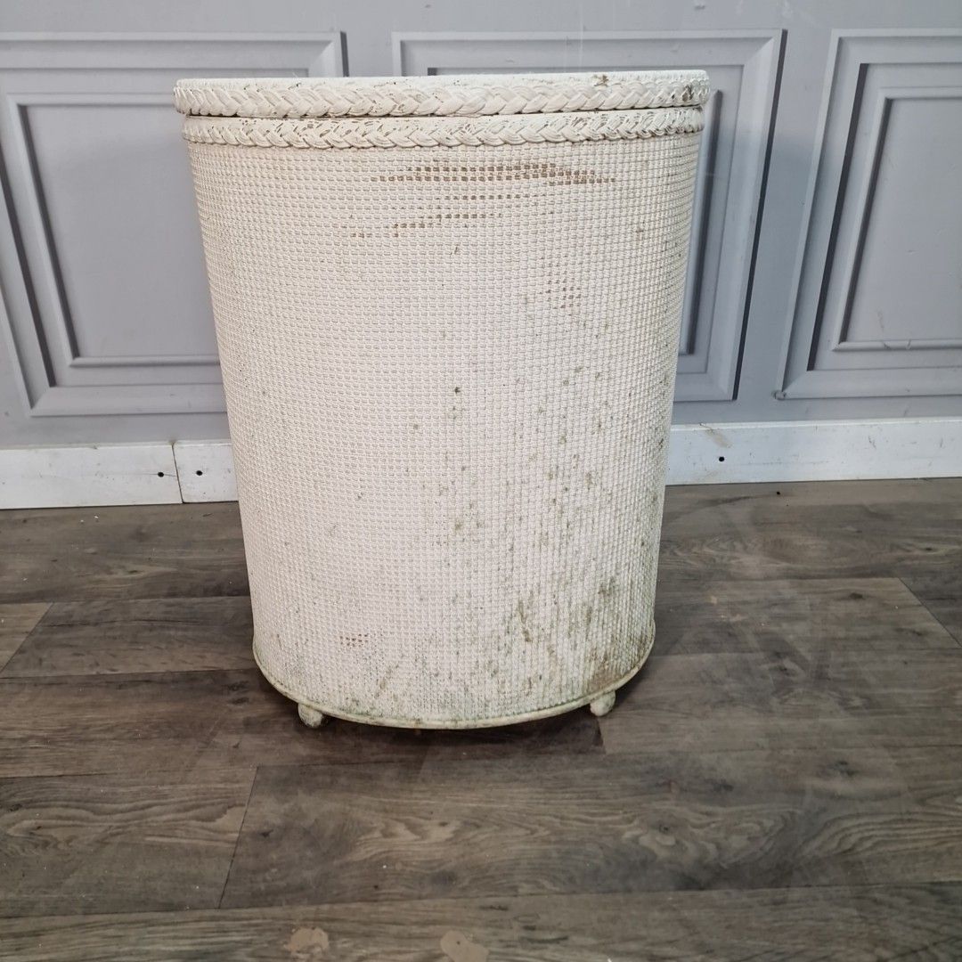 photo for sale Vintage Laundry Basket Lidded Wicker Hamper Lloyd Loom Style Mid Century Retro