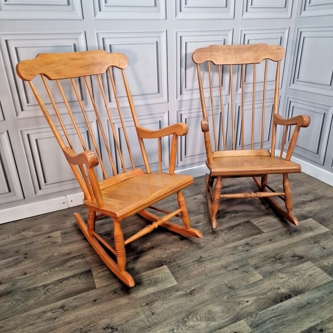 Pair Rocking Arm Chairs  2 Retro Vintage Wooden Turned Country Farmhouse