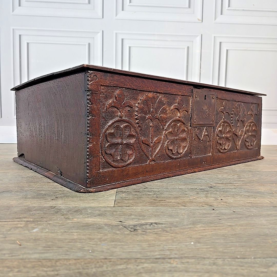 Antique Oak Chest Bible Deed Box 17th Century Floral Carved Coffer Trunk Wood photo furniture