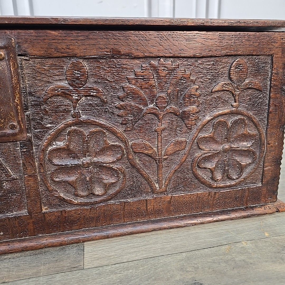 Antique Oak Chest Bible Deed Box 17th Century Floral Carved Coffer Trunk Wood photo buy