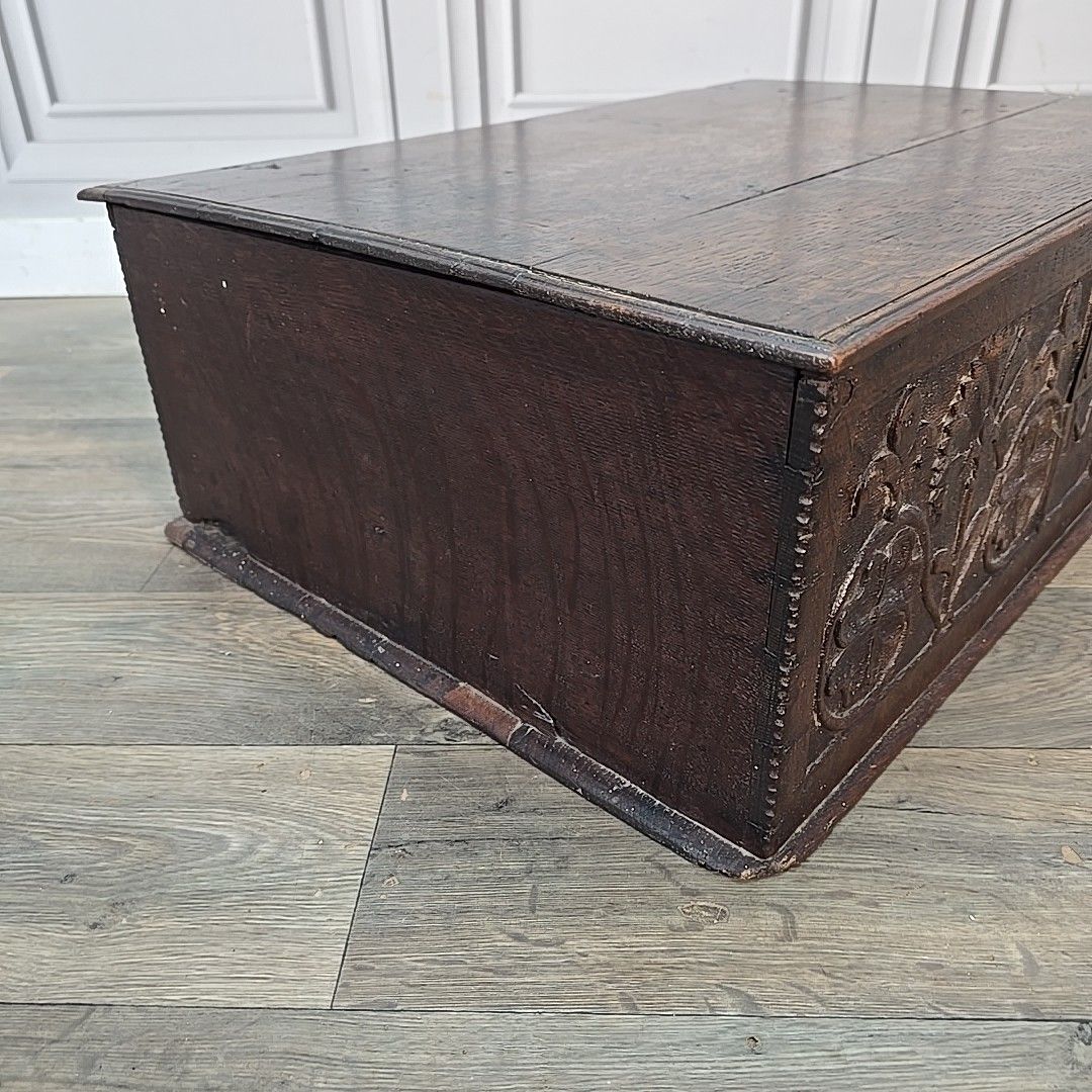 photo for sale Antique Oak Chest Bible Deed Box 17th Century Floral Carved Coffer Trunk Wood