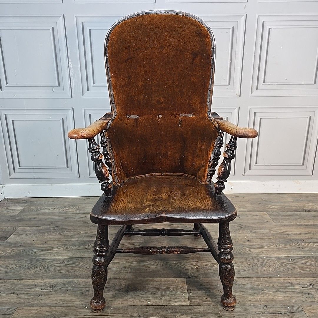 Antique Country Broad Armchair Solid Wood High Back Windsor Chair Rustic Vintage photo 370.0
