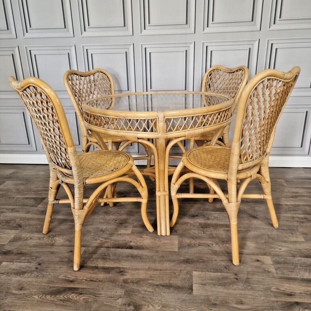 Retro Table & Chair Set Bistro Cafe Cane Conservatory Glass Mid Century Vintage