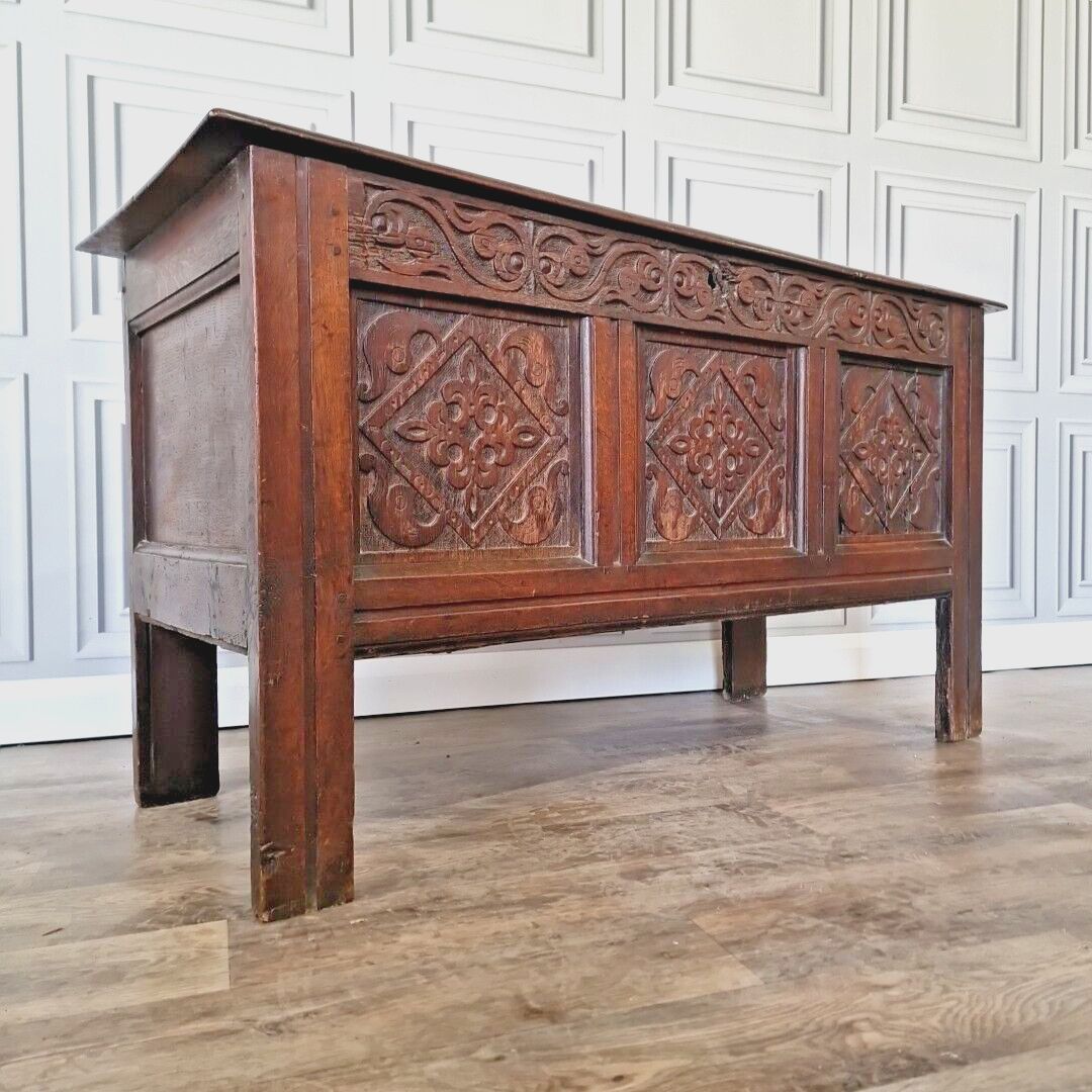 Antique Wooden Coffer Mule Chest Carved Panel Blanket Box Trunk Jacobean Style