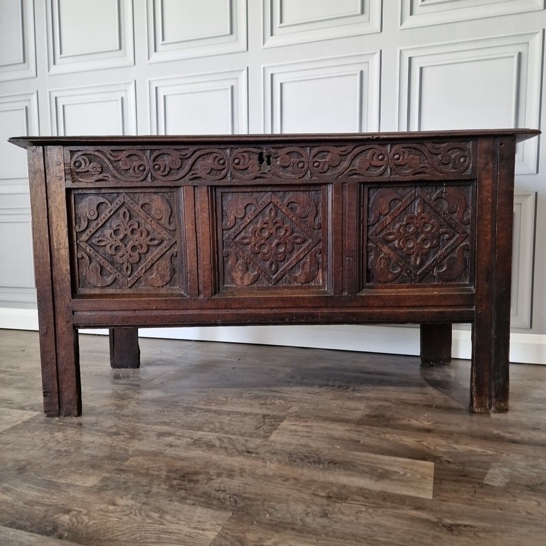 Antique Wooden Coffer Mule Chest Carved Panel Blanket Box Trunk Jacobean Style photo Furniture