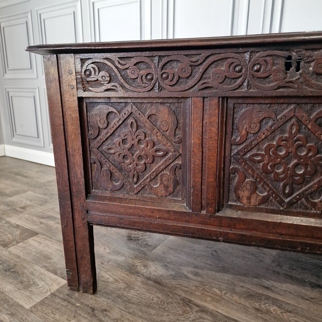 Antique Wooden Coffer Mule Chest Carved Panel Blanket Box Trunk Jacobean Style photo 640.0