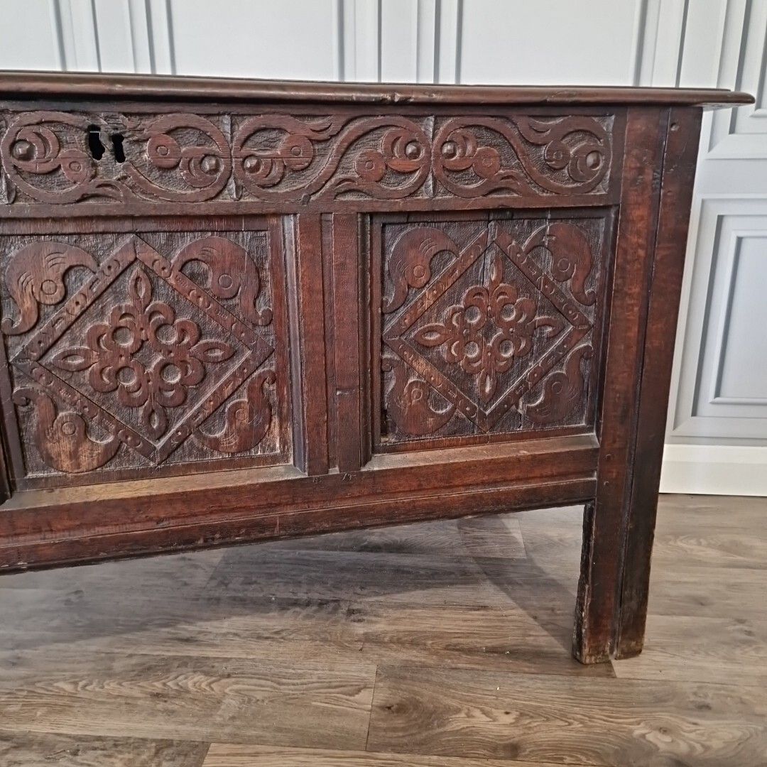 Antique Wooden Coffer Mule Chest Carved Panel Blanket Box Trunk Jacobean Style photo vinterior