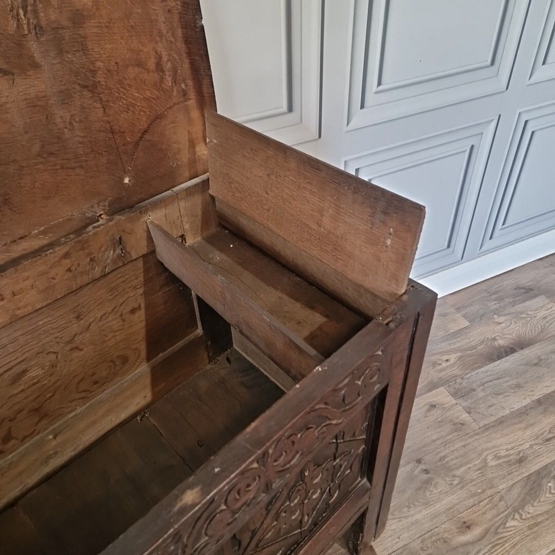 photo buy Antique Wooden Coffer Mule Chest Carved Panel Blanket Box Trunk Jacobean Style
