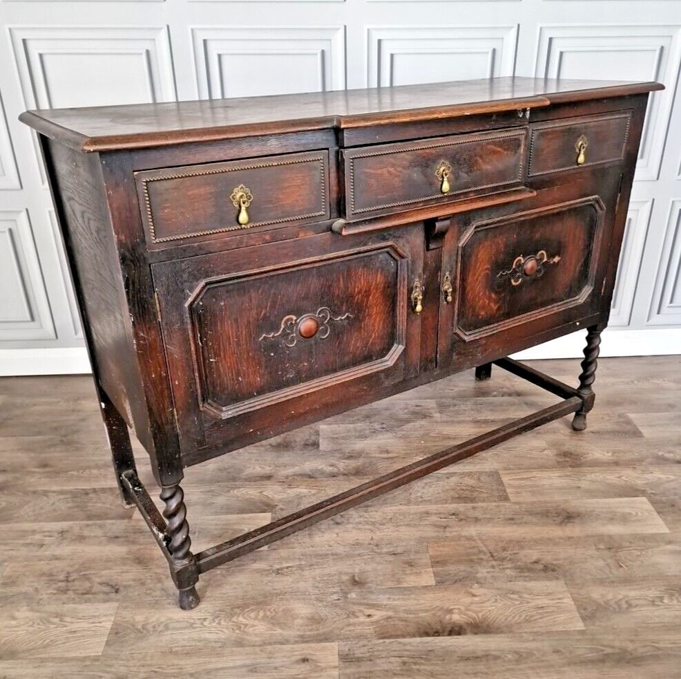 Antique Carved Court Cupboard Wood Barley Twist Oak Buffet Cabinet Sideboard